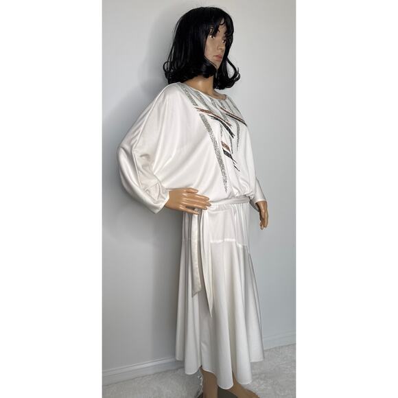 Vintage 1980s Riccardo White Batwing Dress Sequin Geometric Design medium - Picture 7 of 16
